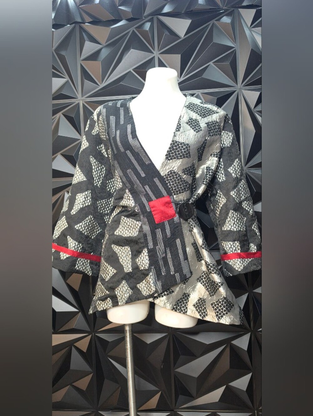 Asymmetrical Black & Silver Patchwork Wrap blazer with Red Trim